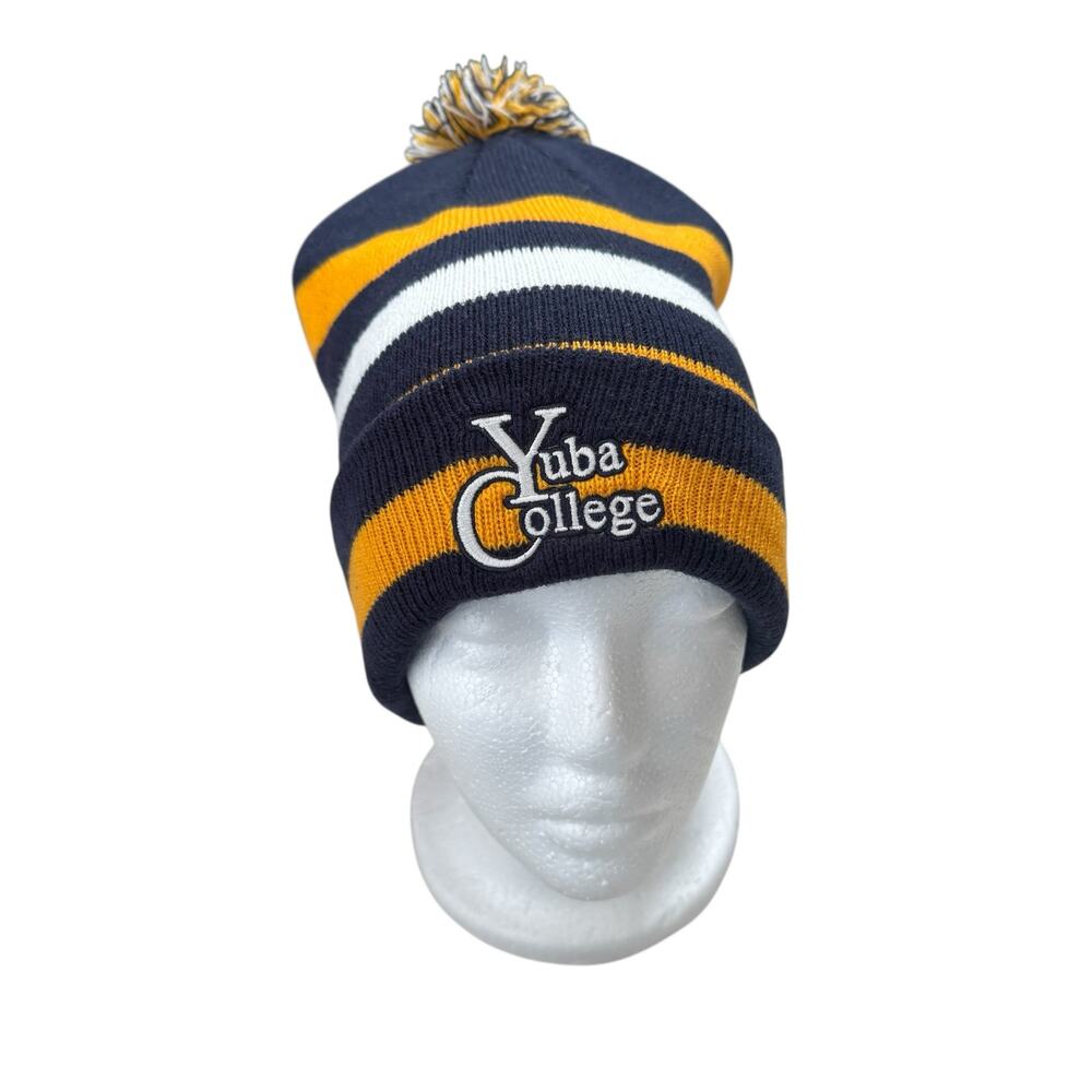 Yuba College Striped Pom Beanie Blue Yellow Acrylic One Size Adult Cap School